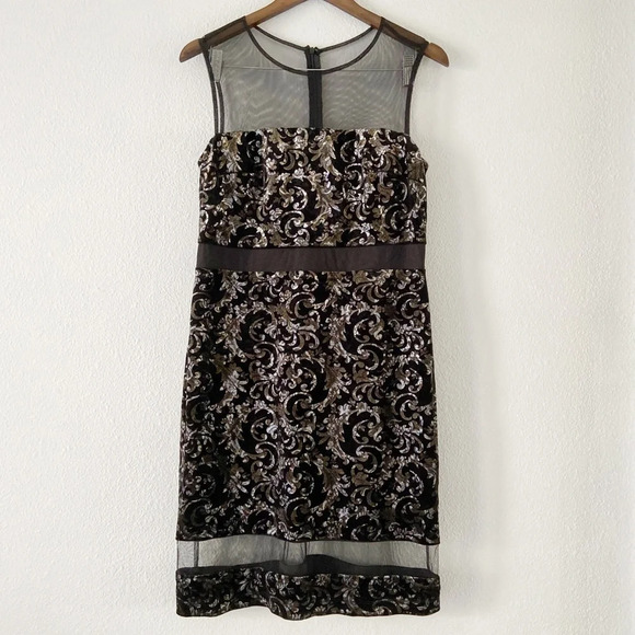 Scarlett Velvet Mesh Panel Metallic Filigree Dress Holiday Size 10 Glamorous - Picture 15 of 15